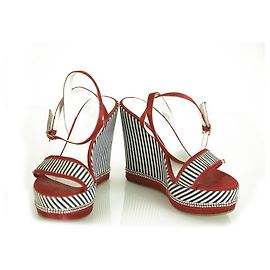 Autre Marque Solo Per Te Blue White Stripes Red Crystals Wedge Platform Sandales chaussures ( 39 ?)