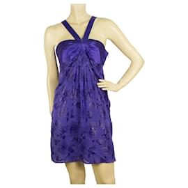 Tibi Silk Floral Gänseblümchen Jacquard Lila Y-Ausschnitt Ärmelloses Minikleid -SZ 4