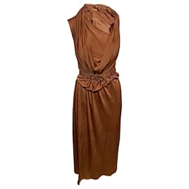 Autre Marque Dodo Bar Ora – Midikleid mit Gürtel aus braunem Satin