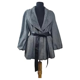 Giacca Blazer Jaeger in Lana Grigia con Cintura in Similpelle Nera