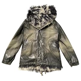Parka Mr & Mrs Italy in cotone kaki nero con gilet in pelliccia di agnello