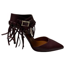 Valentino Garavani Valentino C-Rockee Fringe Ankle Strap Sandals in Burgundy Leather 