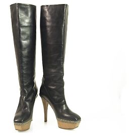 MARNI Botas hasta la rodilla en piel negra con plataforma Tacones de madera frente cuadrado 36