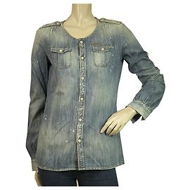 Dolce & Gabbana DSquared Blue Denim Camisa de mujer con botones sin cuello y aspecto desgastado - SZ 40