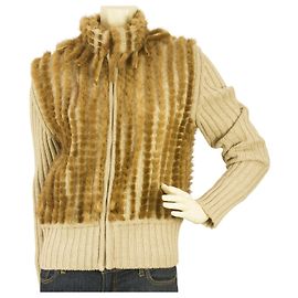 Autre Marque Angelo Marani Cárdigan beige con cuello de tortuga y manga larga de pelo de visón de lana en beige