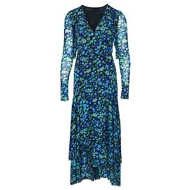 Ganni Wickelkleid aus Netzstoff mit Blumenmuster aus blauem Polyamid