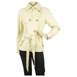 Patrizia Pepe Off White Ecru Chaqueta de cuero con botonadura forrada con cinturón Talla It 46