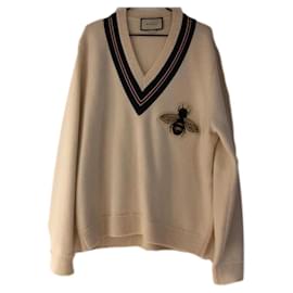 Gucci V-Ausschnitt Wollpullover crem mit Bienen-Applikation
