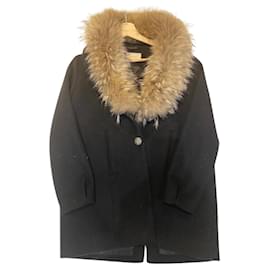 Bash Wax Mantel Schwarz Wolle mit Fuchskragen