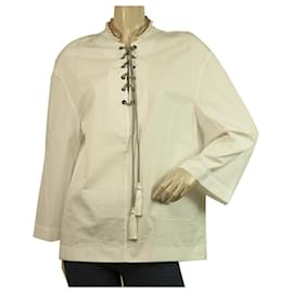 Escote Perlas y Abalorios Algodón Blanco ETRO, Borlas Blusa Túnica Talla superior 38 - Etro