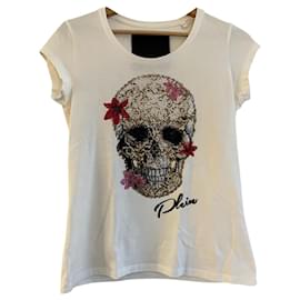 Philipp Plein T-Shirt Weiß Baumwolle mit Totenkopf Strass