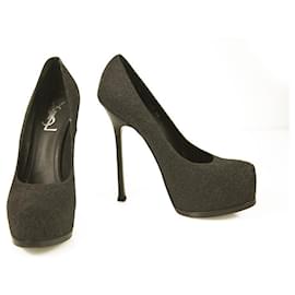 Escarpins Yves Saint Laurent YSL Tribute en tissu gris à bout rond et à plateforme 40