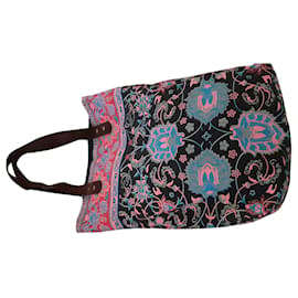 Bohemian Canvas Handbag Black and Multicolour with Brown Leather Handles - Autre Marque