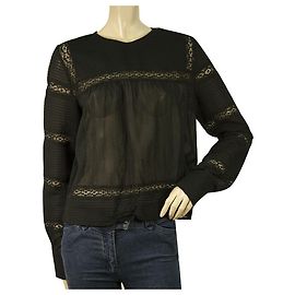 Isabel Marant Etoile Túnica de encaje de algodón negro Blusa de manga larga Talla superior 38