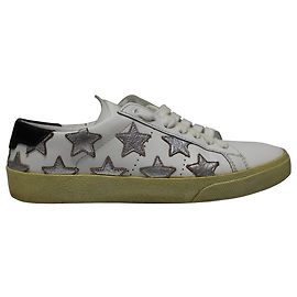 Saint Laurent Paris SL/06 Sneakers Basse Stelle Metalliche in Pelle Bianca