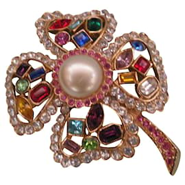 Autre Marque Spilla trifoglio 4 foglie con pietre multicolori e perla