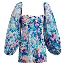Attico Minivestido azul con manga globo y terciopelo floral