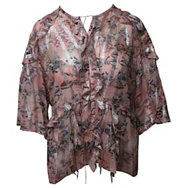 Iro Metallic Fil Coupé Chiffonbluse mit offenem Rücken aus pastellrosa Seide