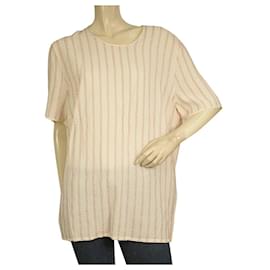 Blusa Túnica Escada Seda Crema con Rayas Rosas Abalorios Talla Top 44