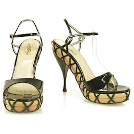 Yves Saint Laurent YSL cuir verni noir sz 37,5 escarpins plate-forme en bois Talons