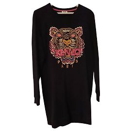 Kenzo Vestido Negro de Algodón de Manga Larga con Logotipo Bordado