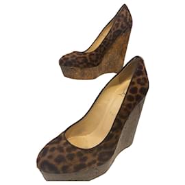 Christian Louboutin Leopard Print Pony Hair Cork Platform Wedges Size 38 Multicolore - Autre Marque
