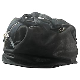 Lanvin Black Leather Handbag with Blue Silk Handles