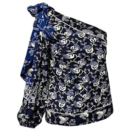 Ulla Johnson Asima Batik One-Shoulder-Bluse aus blauer Baumwolle