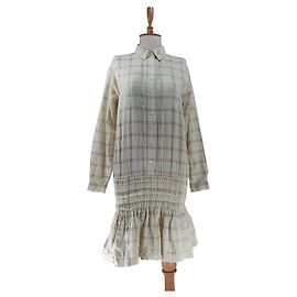 Ganni Natasha Karo Kleid Beige Gold Baumwolle