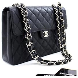 CHANEL Borsa a mano classica grande con catena e tracolla con patta in caviale nero