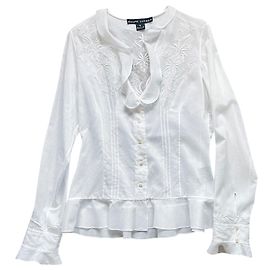 Ralph Lauren Black Label Weiße Baumwoll-Voile Bluse mit Stickerei