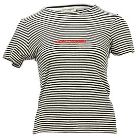 Camiseta de algodón negro con logo de rayas de Saint Laurent