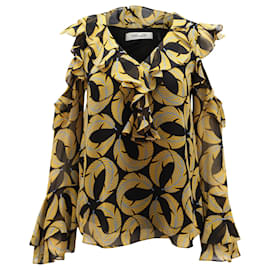 Diane Von Furstenberg Blusa com babados e mangas sino de ombro cortadas em poliéster multicolorido