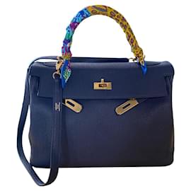 Borsa a mano Hermès Kelly 32 Blu in Pelle