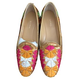 Ballerine Etro Ricamate in Pelle Marrone Verde Fucsia Oro
