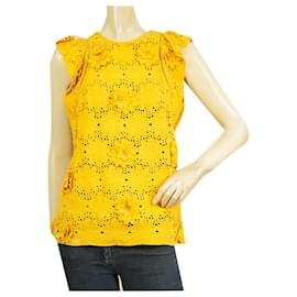 Michael by Michael Kors Top camicetta con ricamo floreale in seta gialla con volant Dimensioni 2