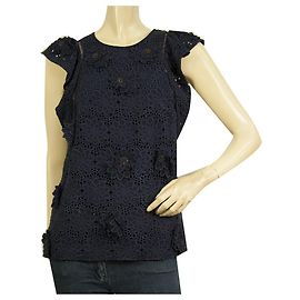 Michael by Michael Kors Blue Silk Blumenstickerei Rüschen Top Blusengröße 2