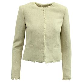 Jaqueta Alice + Olivia Tweed com guarnição desfiada em algodão marfim