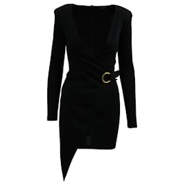 Vestido cruzado asimétrico de Balmain en lana negra