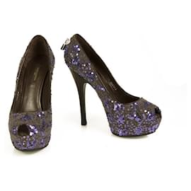 Louis Vuitton Oh Really Purple Paillettes Glitter Lock Platform Peep Toe Pumps 37