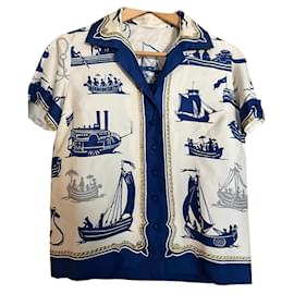 Blusa Hermès Shadow Theater in seta bianca blu navy