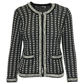 Alice + Olivia Einfarbige, mit Tweed verzierte Georgia-Jacke aus schwarzer Baumwolle