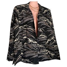 Kenzo Jacke Kimono Schnitt Naturdruck Wolle Schwarz und Beige