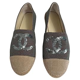 Espadrillas Chanel Turchese e Beige con Paillettes CC Taglia 40
