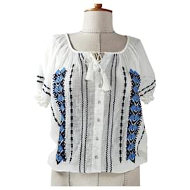 Joie Stickerei Shirt Top Weiß Blau Baumwolle
