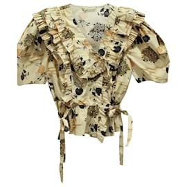 Ulla Johnson Wickelbluse mit Rüschen und Blumendruck aus beiger Baumwolle