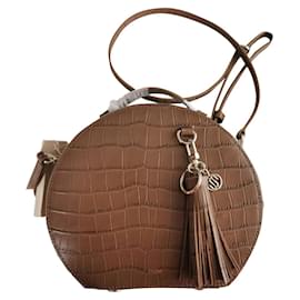 Borsa a spalla tonda Maje in pelle color talpa stampa coccodrillo