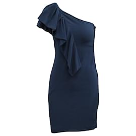 Maje One-Shoulder-Rüschenkleid aus marineblauer Viskose