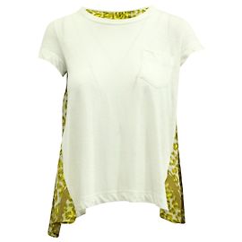 T-shirt Sacai svasata plissettata stampa pannelli in lino multicolor