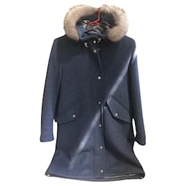 Cappotto blu in lana Massimo Dutti con cappuccio in pelliccia sintetica
